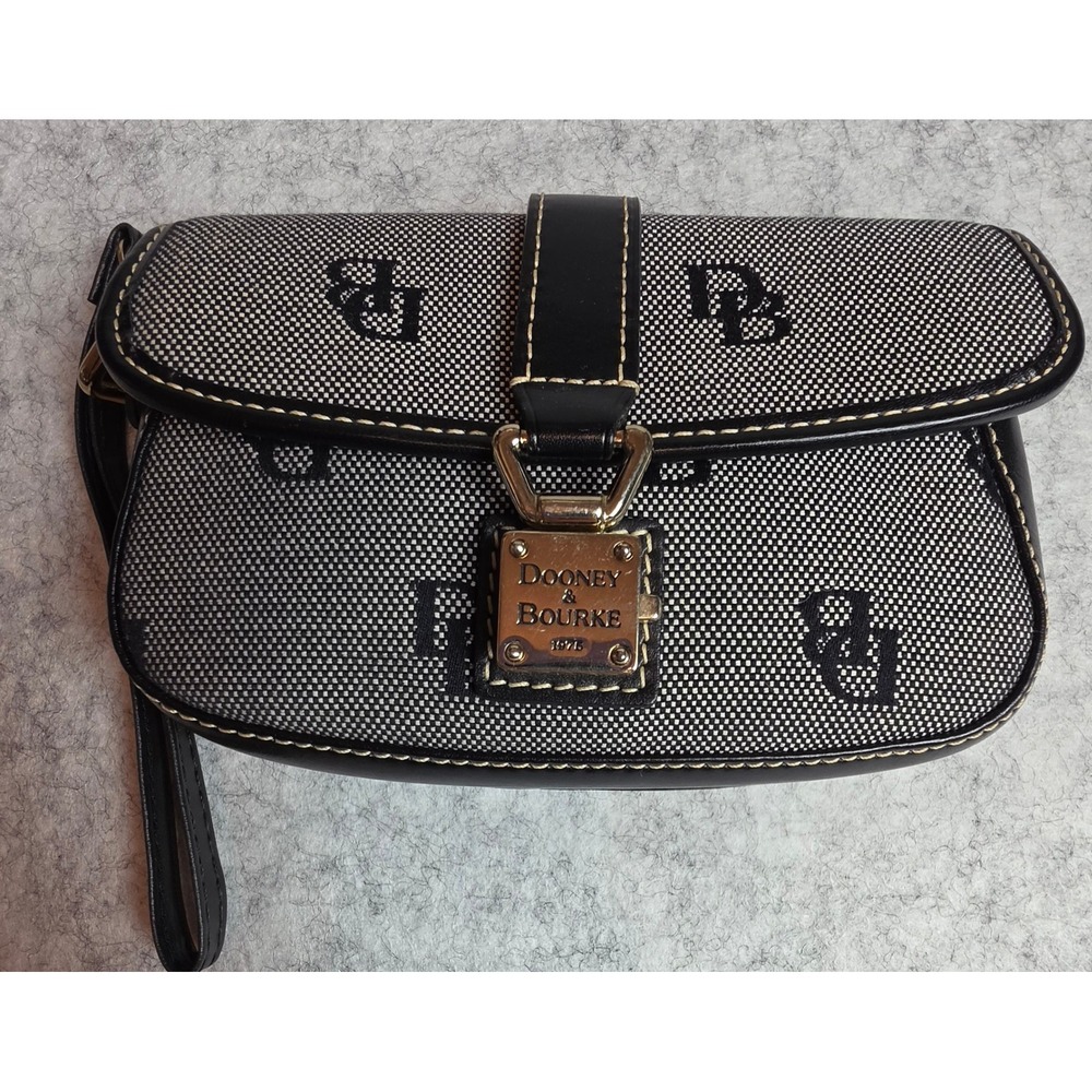 Dooney & Bourke Signature Monogram Wristlet Clutch Black White Canvas Leather